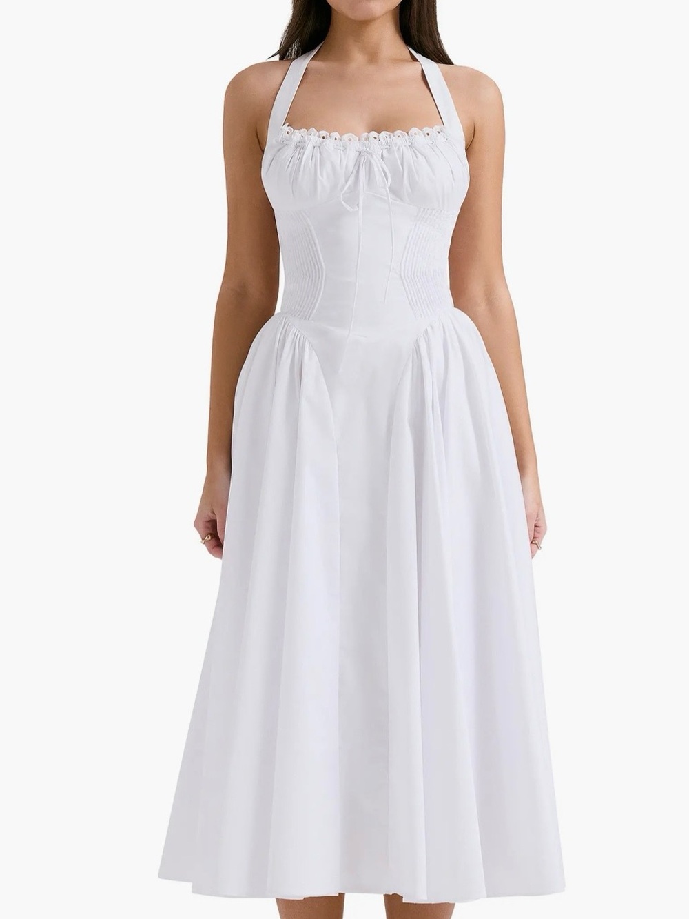 NWT. Never Worn. House of CB White Adabella Pleated Halter Corset Midi Dress